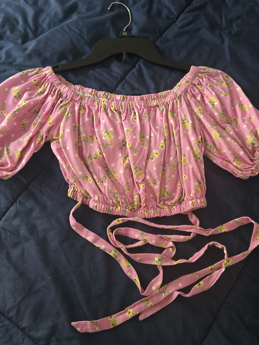 & Other Stories Pink Floral Off-Shoulder Crop Blouse
